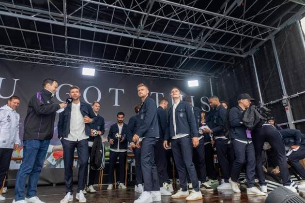 Report 31 05 2024 Arrival party of the German mens national team at adidas in Herzogenaurach in pouring rain The national team on stage at adidas, Thomas Müller answers questions Herzogenaurach Bavaria Germany