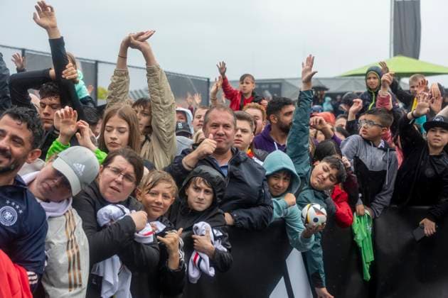 Report 31 05 2024 Arrival party of the German mens national team at adidas in Herzogenaurach in pouring rain The fans are happy Herzogenaurach Bavaria Germany