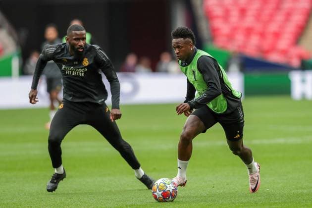 May 31, 2024, London, United Kingdom: Antonio Rudiger of Real Madrid (L) and Vinicius Junior of Real Madrid (R) in action during training session ahead of their UEFA Champions League Final against Borussia Dortmund at Wembley Stadium. London United Kingdom - ZUMAs197 20240531_aaa_s197_157 Copyright: xGrzegorzxWajdax