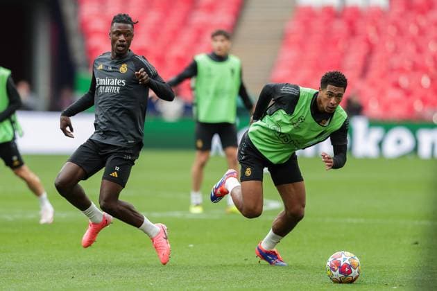 May 31, 2024, London, United Kingdom: Eduardo Camavinga (L) and Jude Bellingham of Real Madrid (R) in action during training session ahead of their UEFA Champions League Final against Borussia Dortmund at Wembley Stadium. London United Kingdom - ZUMAs197 20240531_aaa_s197_169 Copyright: xGrzegorzxWajdax