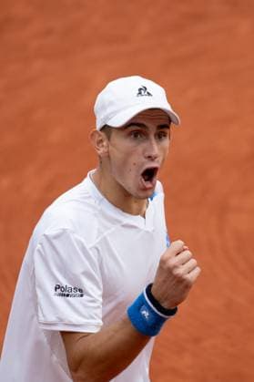 (240601) -- PARIS, June 1, 2024 -- Matteo Arnaldi celebrates a score during the men s singles third round match between Andrey Rublev of Russia and Matteo Arnaldi of Italy at the French Open tennis tournament at Roland Garros, Paris, France, May 31, 2024. ) (SP)FRANCE-PARIS-TENNIS-FRENCH OPEN-MEN S SINGLES MengxDingbo 