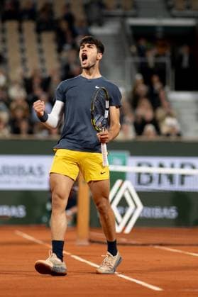 (240601) -- PARIS, June 1, 2024 -- Carlos Alcaraz celebrates scoring during the men s singles third round match between Carlos Alcaraz of Spain and Sebastian Korda of the United States at the French Open tennis tournament at Roland Garros, Paris, France, May 31, 2024. ) (SP)FRANCE-PARIS-TENNIS-FRENCH OPEN-MEN S SINGLES MengxDingbo 