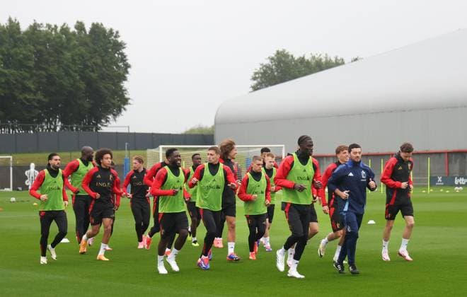 EURO 2024, Nationalteam Belgien Training Belgium s players pictured at the start of a training session of the Belgian national soccer team Red Devils, at the Royal Belgian Football Association s training center in Tubize, Saturday 01 June 2024. The Red Devils are preparing for the Euro 2024 European Championships in Germany. VIRGINIExLEFOUR  x93772669x