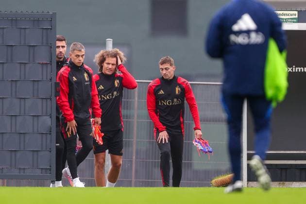 EURO 2024, Nationalteam Belgien Training Belgian National Football Team Media Activities 01 06 2024 TUBIZE, BELGIUM - JUNE 01 : Trossard Leandro forward of Belgium, Faes Wout defender of Belgium and Castagne Timothy defender of Belgium during a training session prior to the friendly matches against Montenegro, Luxemburg and Slovakia at the RBFA Headquarters on June 01, 2024 in Tubize, Belgium, 01 06 2024  Copyright: xTomasxSiskx
