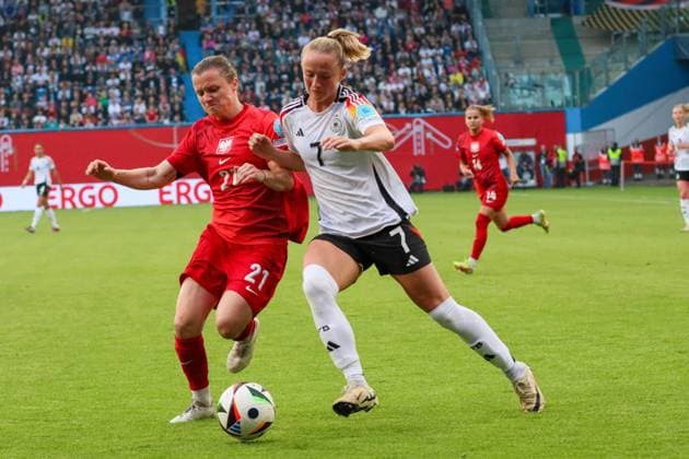 Rostock, Germany 31 May 2024 Womens international match European Championship Qualification 2024 Germany vs Poland In the picture from left in duel Kayla Adamek Poland and Lea Schüller Schueller Germany at the match in Rostock DFB regulations prohibit any use of photographs as image sequences and or quasi video Ostseestadion Mecklenburg Vorpommern Copyright: xFotostandx xFantinix
