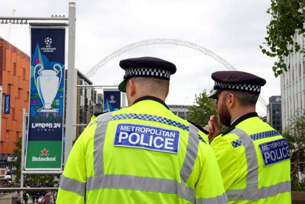 1st June 2024; Wembley Stadium, London, England; UEFA Champions League Football Final, Borussia Dortmund versus Real Madrid; Metropolitan Police officers observing the crowds outside Wembley Stadium  ActionPlus12649536 JohnxPatrickxFletcher