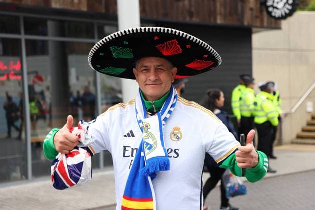 1st June 2024; Wembley Stadium, London, England; UEFA Champions League Football Final, Borussia Dortmund versus Real Madrid; Real Madrid fan arriving at Wembley Stadium wearing a sombrero hat  ActionPlus12649540 JohnxPatrickxFletcher