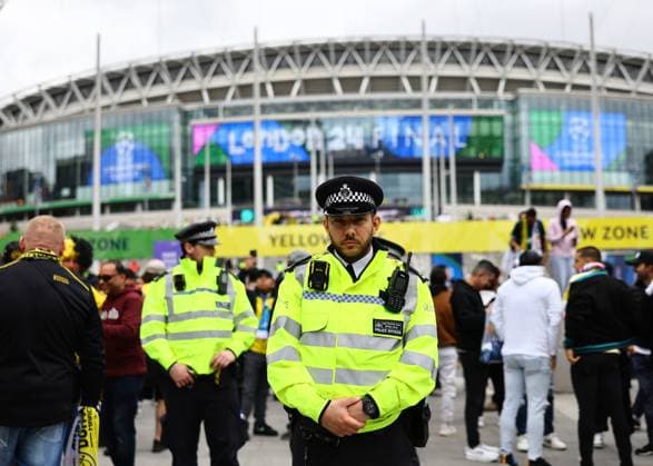 London, England, 1st June 2024. Police form another layer of security before the UEFA Champions League final match at Wembley Stadium, London. Picture credit should read: David Klein Sportimage EDITORIAL USE ONLY. No use with unauthorised audio, video, data, fixture lists, club league logos or live services. Online in-match use limited to 120 images, no video emulation. No use in betting, games or single club league player publications. SPI-3169-0027