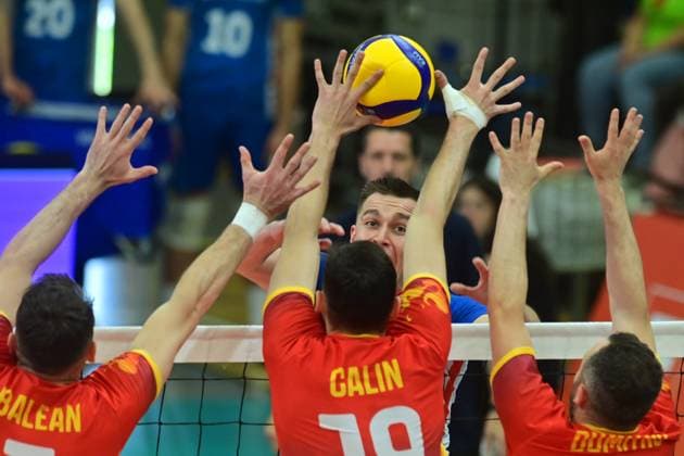 L-R Rares Ionut Balean, Robert Calin, David-Alexandru Dinculescu (ROM) in action during the CEV Volleyball European Golden League 2024, match Czech Republic vs Romania, in Karlovy Vary, Czech Republic, on June 1st, 2024. (CTKxPhoto SlavomirxKubes) CTKPhotoP2024060103838  CTKPhotoP2024060103838