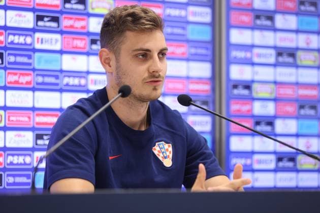 Croatian National Football Team press conference, PK, Pressekonferenz Josip Stanisic of Croatia speaks during a Croatian National Football Team press conference as part of preparations for the UEFA EURO, EM, Europameisterschaft,Fussball 2024 at the HNK Rijeka stadium in Rijeka, Croatia, on June 1, 2024. NelxPavletic PIXSELL