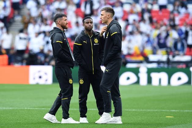 Soccer Champions League Final Borussia Dortmund Real Madrid on 01 06 2024 at Wembley Stadium in London Salih Özcan Dortmund , left Youssoufa Moukoko Dortmund , center Nico Schlotterbeck Dortmund , right xRx
