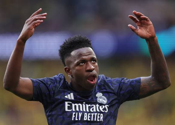 London, England, 1st June 2024. Vinicius Junior of Real Madrid warms up during the UEFA Champions League final match at Wembley Stadium, London. Picture credit should read: David Klein Sportimage EDITORIAL USE ONLY. No use with unauthorised audio, video, data, fixture lists, club league logos or live services. Online in-match use limited to 120 images, no video emulation. No use in betting, games or single club league player publications. SPI-3169-0059
