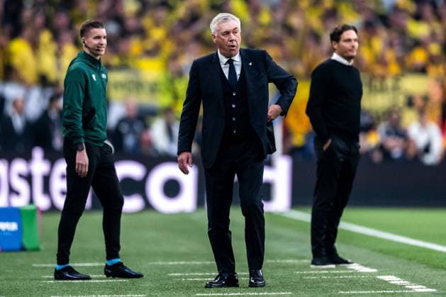 240601 Head coach Carlo Ancelotti of Real Madrid during the UEFA Champions League final between Dortmund and Real Madrid on June 1, 2024 in London Photo Petter Arvidson BILDBYRAN kod PA PA0818 fotboll football soccer fotball champions league final dortmund real madrid bbeng  Copyright: PETTERxARVIDSON BB240601PA084