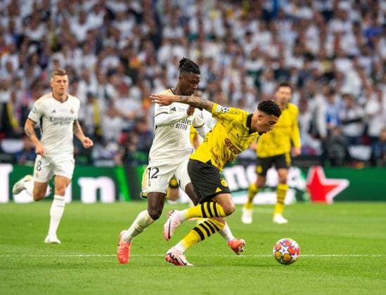 Football, Men, Season 2023 2024, Champions League Final , Borussia Dortmund Real Madrid, v l Toni Kroos Real Madrid , Eduardo Camavinga Real Madrid , Jadon Sancho Borussia Dortmund , 01 06 2024, Copyright: xSebastianxRäppold MatthiasxKochx