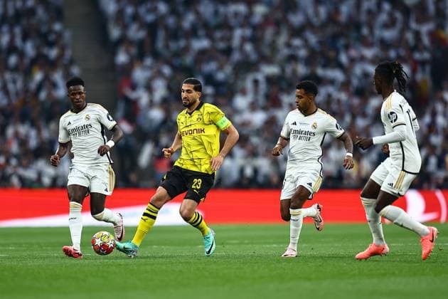 SOCCER - UEFA CL, Dortmund vs Madrid LONDON,ENGLAND,01.JUN.24 - SOCCER - UEFA Champions League, final, Borussia Dortmund vs Real Madrid CF. Image shows Vinicius Junior (Madrid) and Emre Can (Dortmund).  GEPAxpictures xMichaelxZemanek
