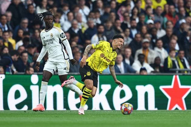 SOCCER - UEFA CL, Dortmund vs Madrid LONDON,ENGLAND,01.JUN.24 - SOCCER - UEFA Champions League, final, Borussia Dortmund vs Real Madrid CF. Image shows Eduardo Camavinga (Madrid) and Jadon Sancho (Dortmund).  GEPAxpictures xMichaelxZemanek