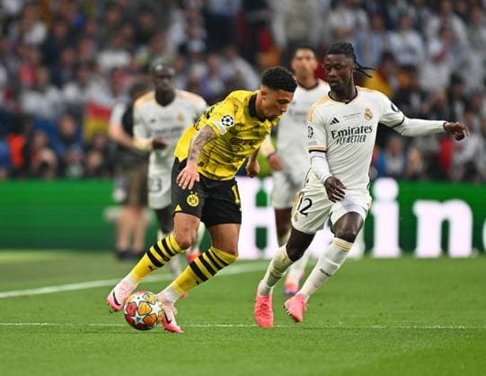 01 06 2024, xfux, Football UEFA Champions League Final 2024, Borussia Dortmund Real Madrid, emspor, v l Jaden Sancho Borussia Dortmund , Eduardo Camavinga Real Madrid DFL DFB REGULATIONS PROHIBIT ANY USE OF PHOTOGRAPHS as IMAGE SEQUENCES and or QUASI VIDEO London