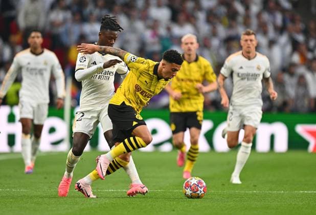 01 06 2024, xfux, Football UEFA Champions League Final 2024, Borussia Dortmund Real Madrid, emspor, v l Eduardo Camavinga Real Madrid , Jaden Sancho Borussia Dortmund DFL DFB REGULATIONS PROHIBIT ANY USE OF PHOTOGRAPHS as IMAGE SEQUENCES and or QUASI VIDEO London