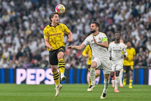 Header header duel Marcel Sabitzer 20, Borussia Dortmund Nacho 6, Real Madrid 01 06 2024 Football, Champions League Final, Borussia Dortmund vs Real Madrid, Stadium in Wembley, London, London Borough of Brent United Kingdom Copyright: xpepphotox xHorstxMauelshagenx pep00321, pep_20240601_hm
