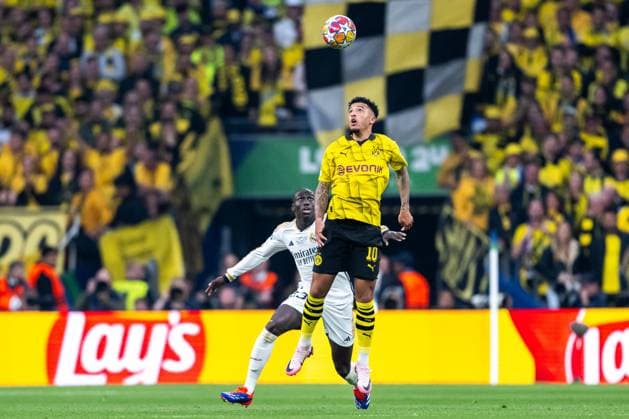 240601 Ferland Mendy of Real Madrid and Jadon Sancho of Dortmund during the UEFA Champions League final between Dortmund and Real Madrid on June 1, 2024 in London Photo Petter Arvidson BILDBYRAN kod PA PA0818 fotboll football soccer fotball champions league final dortmund real madrid bbeng  Copyright: PETTERxARVIDSON BB240601PA093