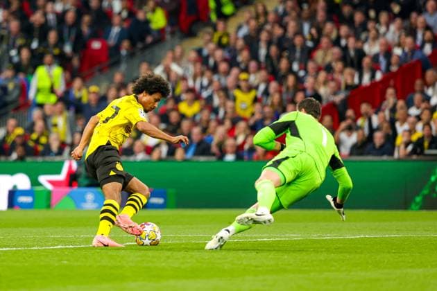 Borussia Dortmund v Real Madrid Champions League 01 06 2024. Final Karim Adeyemi (27) of Borussia Dortmund shoots towards the goal during the Champions League Final match between Borussia Dortmund and Real Madrid at Wembley Stadium, London, England on 1 June 2024. Editorial use only , Copyright: xNigelxKeenex PSI-19804-0038