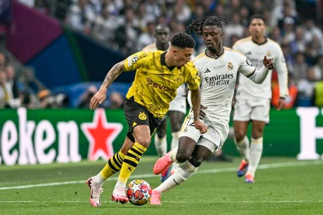from left in duel Jadon Malik Sancho 10, Borussia Dortmund Eduardo Camavinga 12, Real Madrid 01 06 2024 Football, Champions League Final, Borussia Dortmund vs Real Madrid, Wembley Stadium, London, London Borough of Brent United Kingdom Copyright: xpepphotox xHorstxMauelshagenx pep00321, pep_20240601_hm