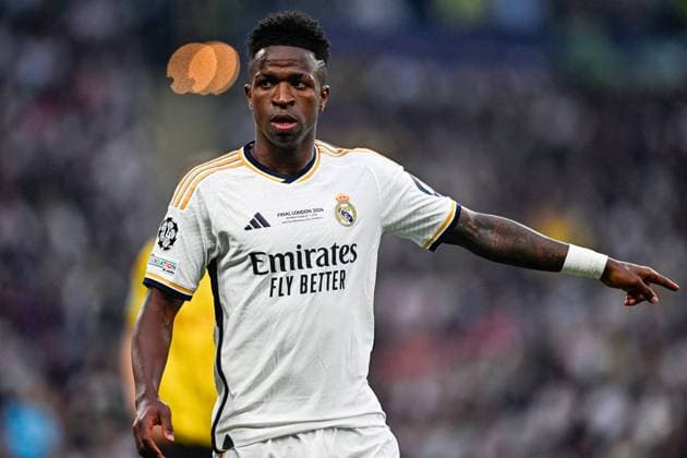 2024-06-01 Borussia Dortmund v Real Madrid CF - UEFA Champions League Final 2023 24 LONDON, UNITED KINGDOM - JUNE 1: Vinicius Junior of Real Madrid CF pointing during the UEFA Champions League Final 2023 24 match between Borussia Dortmund and Real Madrid CF at Wembley Stadium on June 1, 2024 in London, United Kingdom. (Photo by Pablo Morano BSR Agency) London United Kingdom Content not available for redistribution in The Netherlands directly or indirectly through any third parties. Copyright: xBSRxAgencyx