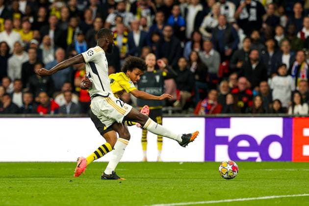 Borussia Dortmund v Real Madrid Champions League 01 06 2024. Final Karim Adeyemi (27) of Borussia Dortmund shoots towards the goal during the Champions League Final match between Borussia Dortmund and Real Madrid at Wembley Stadium, London, England on 1 June 2024. Editorial use only , Copyright: xNigelxKeenex PSI-19804-0040