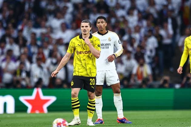 SOCCER - UEFA CL, Dortmund vs Madrid LONDON,ENGLAND,01.JUN.24 - SOCCER - UEFA Champions League, final, Borussia Dortmund vs Real Madrid CF. Image shows Marcel Sabitzer (Dortmund) and Jude Bellingham (Madrid).  GEPAxpictures xMichaelxZemanek
