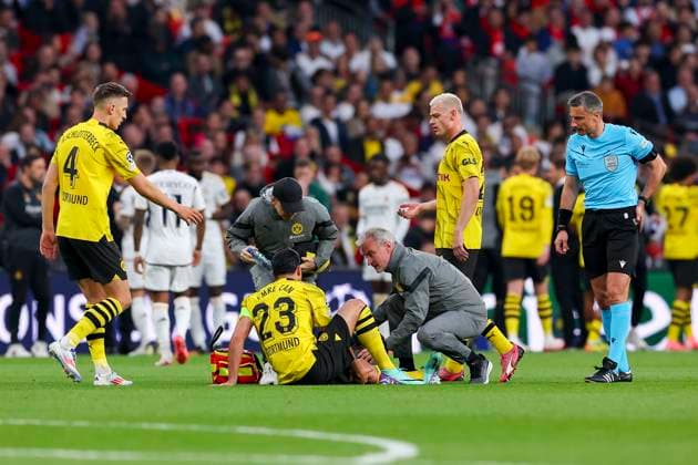 Emre Can (Borussia Dortmund) is treated on the pitch due to injury, UEFA Champions League 2023 24 - Final, Borussia Dortmund vs Real Madrid CF, Wembley Stadium, June 1, 2024, London, United Kingdom.