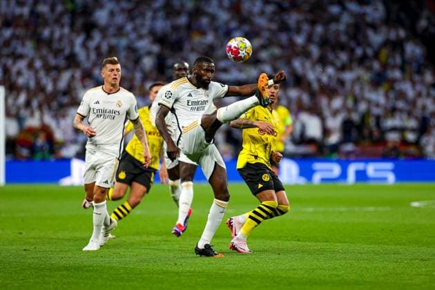 Borussia Dortmund v Real Madrid Champions League 01 06 2024. Final Antonio Rudiger (22) of Real Madrid clears the ball during the Champions League Final match between Borussia Dortmund and Real Madrid at Wembley Stadium, London, England on 1 June 2024. Editorial use only , Copyright: xNigelxKeenex PSI-19804-0044