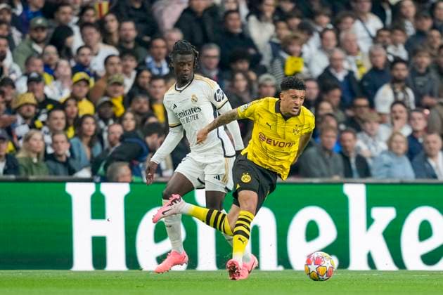 Eduardo Camavinga (Real Madrid) und Jadon Sancho (Borussia Dortmund) battle for the ball, UEFA Champions League 2023 24 - Final, Borussia Dortmund vs Real Madrid CF, Wembley Stadium, June 1, 2024, London, United Kingdom.