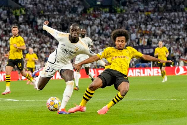Ferland Mendy (Real Madrid) und Karim Adeyemi (Borussia Dortmund) battle for the ball, UEFA Champions League 2023 24 - Final, Borussia Dortmund vs Real Madrid CF, Wembley Stadium, June 1, 2024, London, United Kingdom.