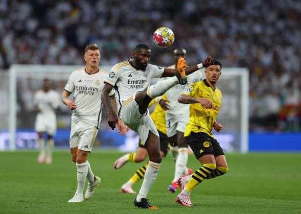 1st June 2024; Wembley Stadium, London, England; UEFA Champions League Football Final, Borussia Dortmund versus Real Madrid; Antonio Rudiger of Real Madrid clears the ball out into midfield  ActionPlus12649835 JohnxPatrickxFletcher