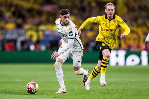 240601 Federico Valverde of Real Madrid during the UEFA Champions League final between Dortmund and Real Madrid on June 1, 2024 in London Photo Petter Arvidson BILDBYRAN kod PA PA0818 fotboll football soccer fotball champions league final dortmund real madrid bbeng bbauto  Copyright: PETTERxARVIDSON BB240601PA118