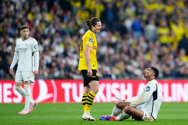 Borussia Dortmund v Real Madrid CF - UEFA Champions League Final 2023 24 Jude Bellingham central midfield of Real Madrid and England reacts during the UEFA Champions League 2023 24 final match between Borussia Dortmund v Real Madrid CF at Wembley Stadium on June 1, 2024 in London, England. London England United Kingdom  Copyright: xJosexBretonx originalFilename:breton-borussia240601_npupW.jpg