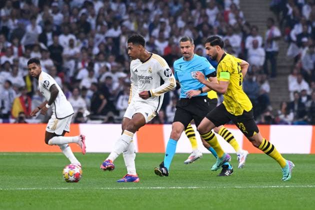 Jude Bellingham ( 5 - Real Madrid ) during the Final Champions League match between Real Madrid CF and Borussia Dortmund at Wembley Stadium on June 01, 2024 in London , England. ( Photo by federico pestellini panoramic ) - FOOTBALL : Borussia Dortmund vs Real Madrid - Ligue des Champions - 01 06 2024 FedericoPestellini Panoramic 