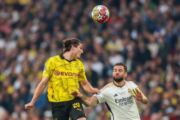 Borussia Dortmund v Real Madrid CF - UEFA Champions League Final 2023 24 LONDON, ENGLAND - JUNE 1: Marcel Sabitzer of Dortmund gets up for a header the UEFA Champions League 2023 24 final match between Borussia Dortmund v Real Madrid CF at Wembley Stadium on June 1, 2024 in London, England. SanjinxStrukic PIXSELL