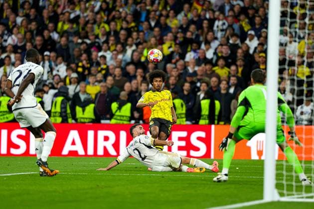 Borussia Dortmund v Real Madrid Champions League 01 06 2024. Final Karim Adeyemi (27) of Borussia Dortmund shoots towards the goal during the Champions League Final match between Borussia Dortmund and Real Madrid at Wembley Stadium, London, England on 1 June 2024. Editorial use only , Copyright: xNigelxKeenex PSI-19804-0051
