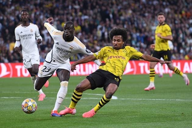 Soccer Champions League Final Borussia Dortmund Real Madrid on 01 06 2024 at Wembley Stadium in London Ferland Mendy Madrid , left Karim Adeyemi Dortmund , right xRx