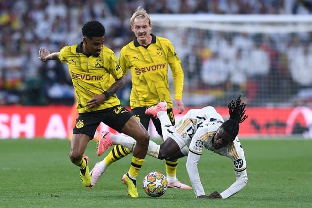 Soccer Champions League Final Borussia Dortmund Real Madrid on 01 06 2024 at Wembley Stadium in London Ian Maatsen Dortmund , left Eduardo Camavinga Madrid , right xRx
