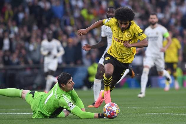Soccer Champions League Final Borussia Dortmund Real Madrid on 01 06 2024 at Wembley Stadium in London Thibaut Courtois Madrid , left Karim Adeyemi Dortmund , right xRx