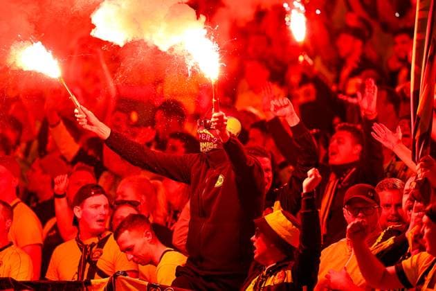 Borussia Dortmund v Real Madrid Champions League 01 06 2024. Final Borussia Dortmund fans set off flares during the Champions League Final match between Borussia Dortmund and Real Madrid at Wembley Stadium, London, England on 1 June 2024. Editorial use only , Copyright: xNigelxKeenex PSI-19804-0057