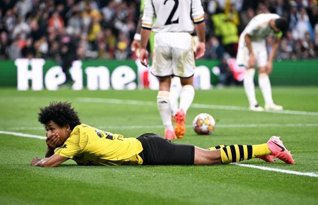 Football, Champions League Final, Season 2023 2024, Wembley Stadium London Bor Dortmund Real Madrid Karim Adeyemi BVB disappointed after missed goal chance Disappointment, frustration, action UEFA REGULATES PROHIBIT ANY USE OF PHOTOGRAPHS AS IMAGE SEQUENCES AND OR QUASI VIDEO