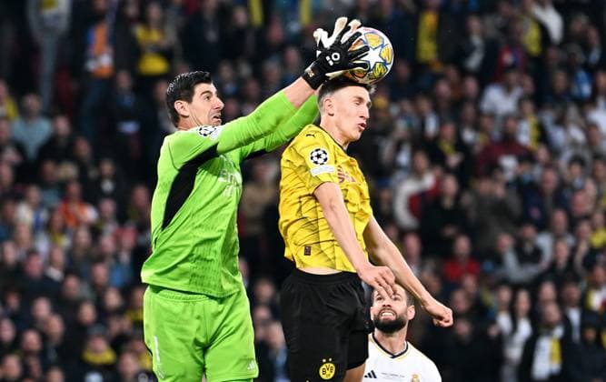 Football, Champions League Final, Season 2023 2024, Wembley Stadium London Bor Dortmund Real Madrid Nico Schlotterbeck BVB , Thibaut Courtois RMA Action UEFA REGULATIONS PROHIBIT ANY USE OF PHOTOGRAPHS AS IMAGE SEQUENCES AND OR QUASI VIDEO