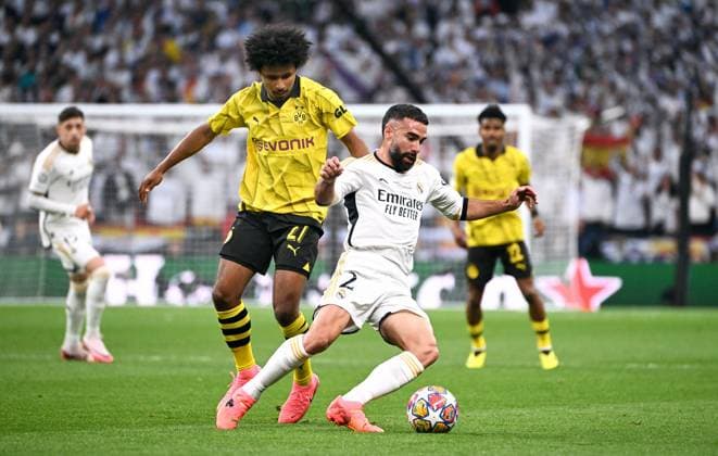 Football, Champions League Final, Season 2023 2024, Wembley Stadium London Bor Dortmund Real Madrid Daniel Carvajal RMA , Karim Adeyemi BVB Action UEFA REGULATES PROHIBIT ANY USE OF PHOTOGRAPHS AS IMAGE SEQUENCES AND OR QUASI VIDEO