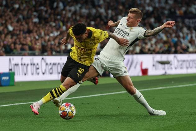 UEFA Champions League Final 2024 Borussia Dortmund Real Madrid on 01 06 2024 at Wembley Stadium in London Jadon Sancho Dortmund 10 vs Toni Kroos Real Madrid 8 MH