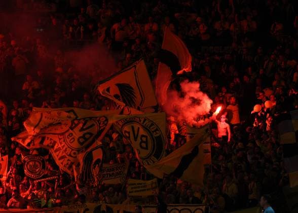 London, England, 1st June 2024. Borussia Dortmund fans light flares during the UEFA Champions League final match at Wembley Stadium, London. Picture credit should read: David Klein Sportimage EDITORIAL USE ONLY. No use with unauthorised audio, video, data, fixture lists, club league logos or live services. Online in-match use limited to 120 images, no video emulation. No use in betting, games or single club league player publications. SPI-3169-0104