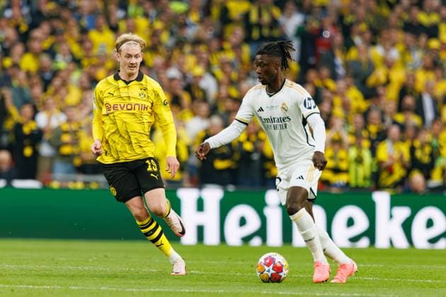 Julian Brandt, Eduardo Camavinga during Champions League 2024 final game between Borussia Dortmund and Real Madrid at Wembley Stadium, London, United Kingdom (Maciej Rogowski) London Wembley Stadium United Kingdom Copyright: xMaciejxRogowskix final31052024-3