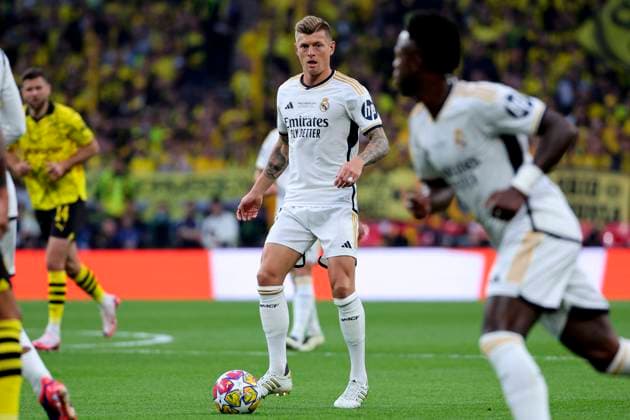 Tony Kroos of Real Madrid CF in action during the 2023 2024 Champions League Final football match between Borussia Dortmund and Real Madri CF at Wembley stadium in London (England), June 1st, 2024. cesarexpurini